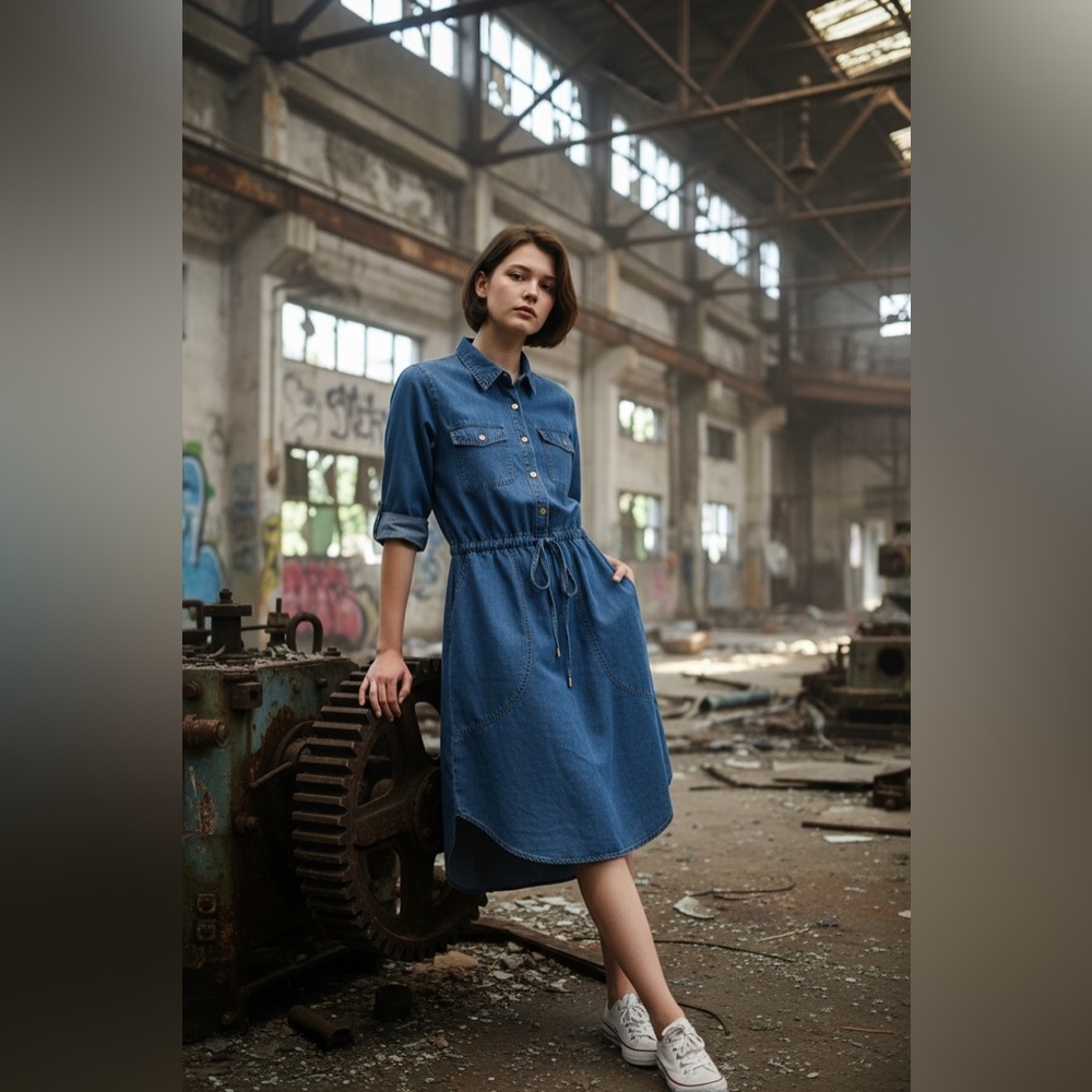 M.P.H. Casual Denim Mini Dress Feminine Boho Flowy Buttons Drawstring Waist SzM
